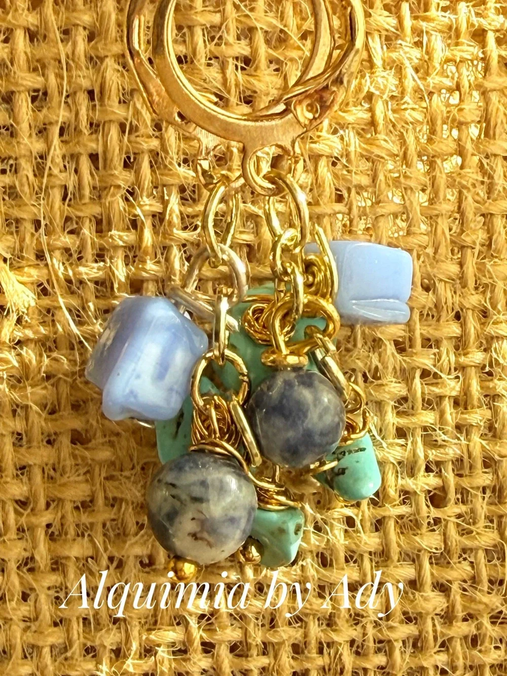 Gold Hoop Earrings with Turquoise, Light Blue aquamarine and Blue-Gray Beads